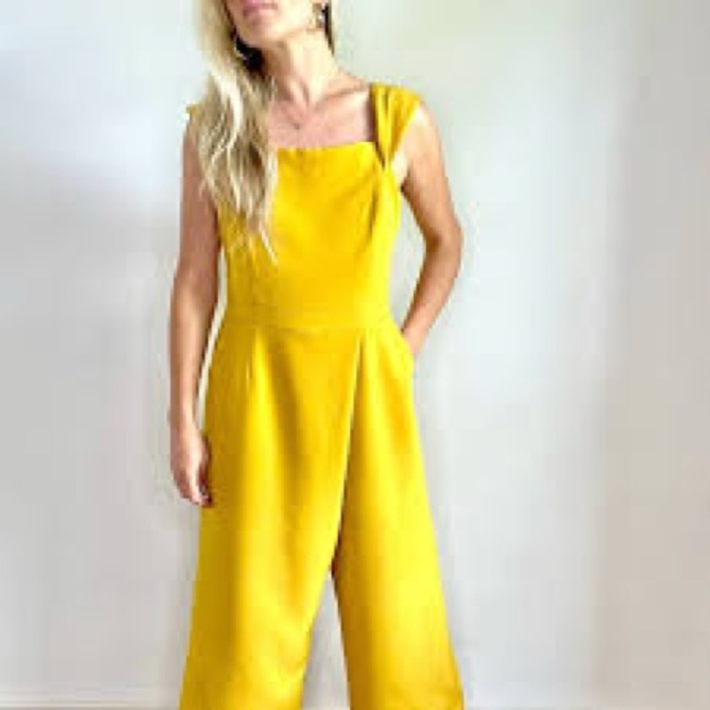 Adelyn Rae Roxanne Off The Shoulder Marigold Jumpsuit wedding guest event SZ L